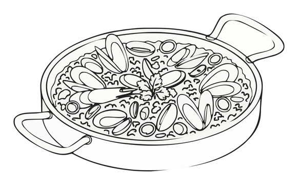 Seafood paella bowl isometric line art illustration. Generative AI