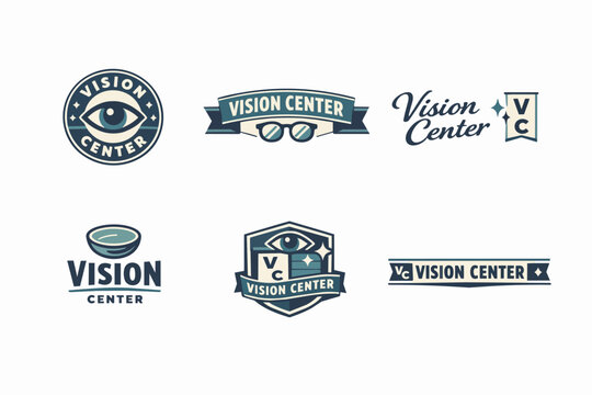 Set of vision center logos and emblems designed with eye, contact lens, and eyeglasses icons in a vintage style