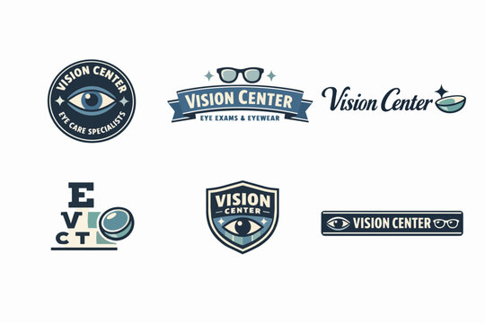 Vision center logos collection with eye symbols and eyeglasses for optometry, ophthalmology, and eye care business branding