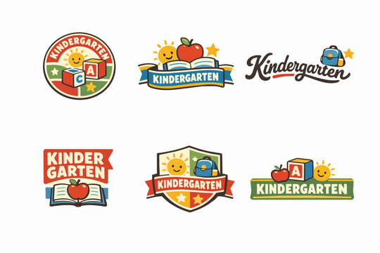 Set of colorful kindergarten logos using apples, books, suns, building blocks, and backpacks as symbols of learning and fun