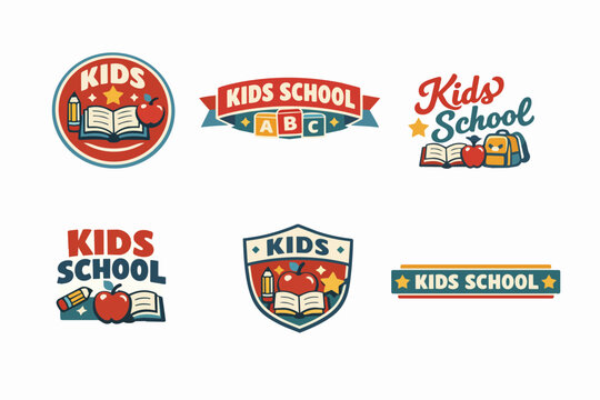 Kids school logos and badges set with books, apples, pencils, and backpacks for early education learning programs