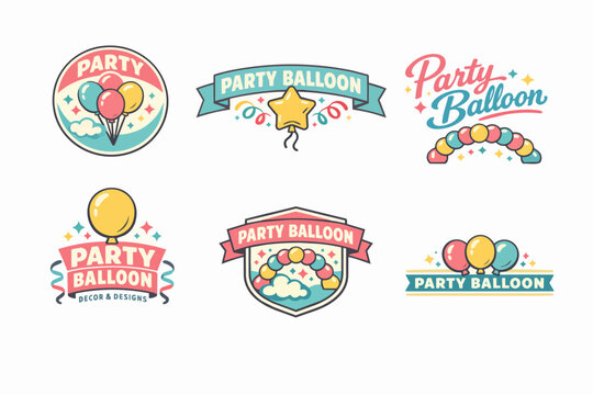 Party balloon logo set showcasing colorful vintage emblems for celebration events, birthday decor, and festive designs