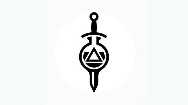 Minimalist dagger icon with geometric alchemical symbols.