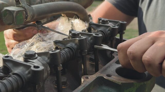 Mechanic adjusting combine harvester engine valves