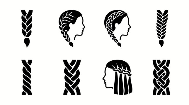 Vector Silhouette Icons of Various Hair Braid Types and Braided Hairstyles for Women