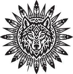 Fototapeta premium Tribal wolf head silhouette inside a circular frame decorated with feathers in a black and white tattoo style