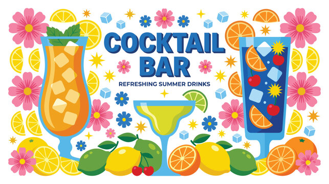 Cocktail bar concept banner design with refreshing summer drinks and floral illustrations.
