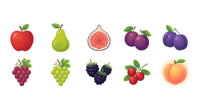 Fresh Fruits Collection Featuring Apple, Pear, Fig, Plum, Grape, and Peach Illustration for Healthy Eating, Vegetarian Recipes, and Fruit Market Brochures