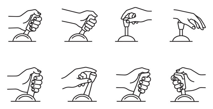 Hand operating joystick lever vector icons set modern gaming or control design.