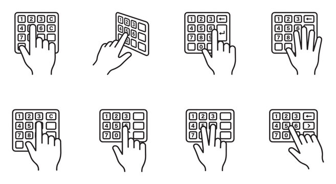 Hand typing numbers on keypad icons for data entry and digital interaction.
