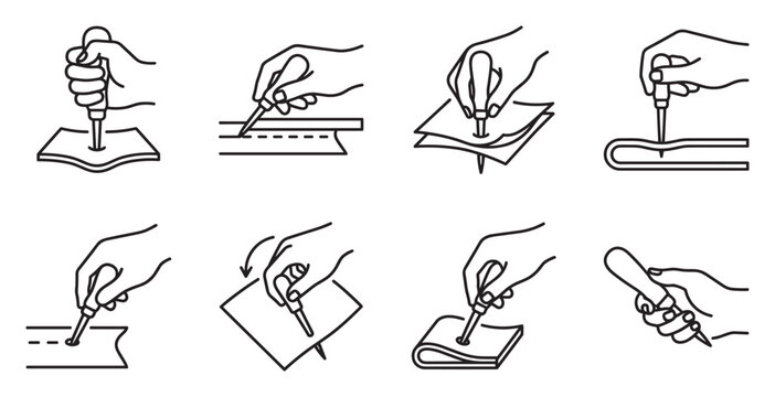 Hand using leatherworking tool punch vector icon set crafting process illustration.