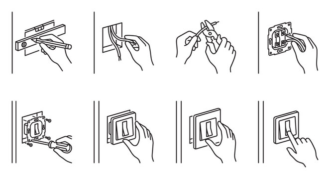 Installation guide icons for wall light switch including wiring and mounting.