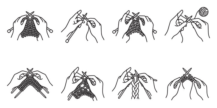 Knitting hands with needles and yarn creating fabric stitch pattern on needles.