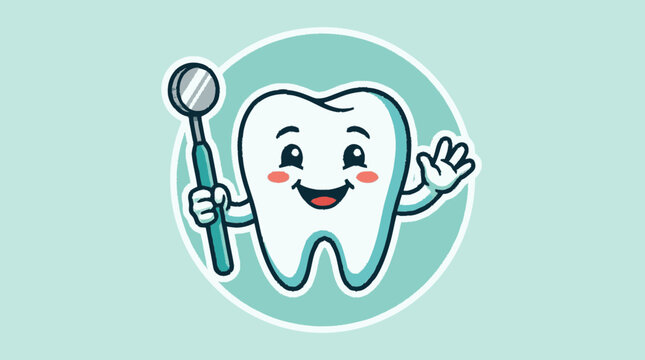 Cropped minimalist cartoon illustration of a happy white tooth charact