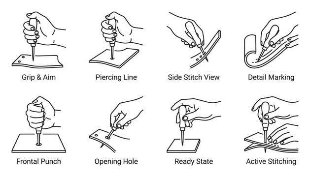 Leather crafting process showing hand stitching and piercing with awl tool for detailed work.