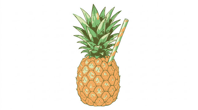 Stylized tropical pineapple fruit illustration with a striped drinking straw