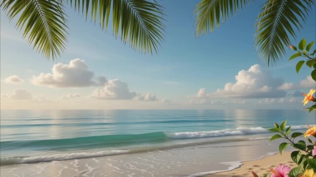 Modern summer background with a bright tropical atmosphere, clear blue sky, warm golden sunlight, fluffy white clouds