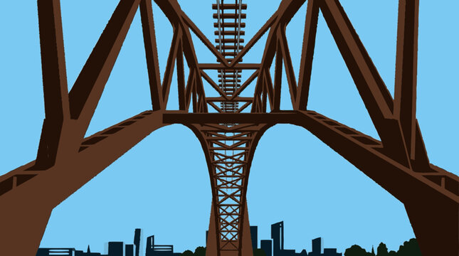 Minimalist low-angle graphic illustration of a massive brown truss bri