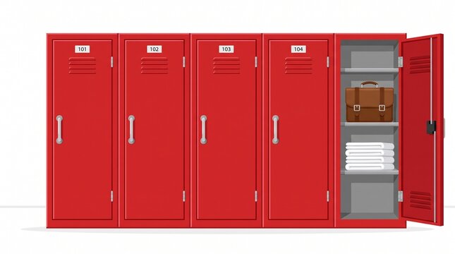 Illustration of red metal lockers with one open showing shelves and supplies on a white background