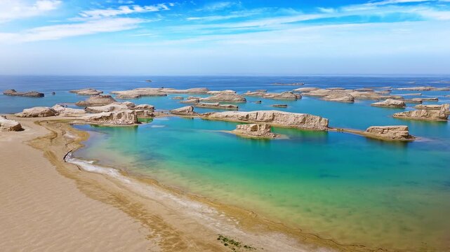 Aerial drone shot of water yardang landforms surrounded by turquoise water in the Qaidam Basin, Qinghai, China