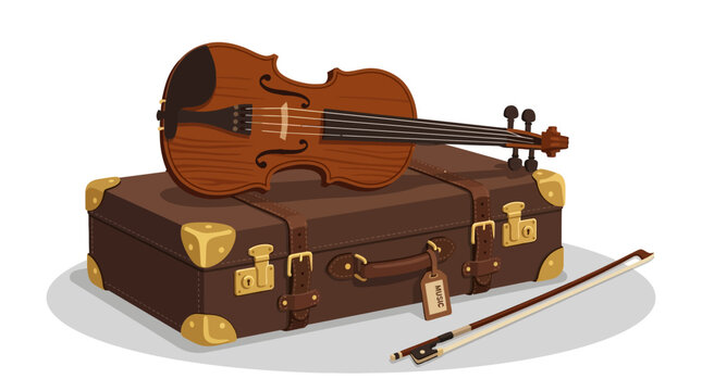 Violin on top of brown suitcase.