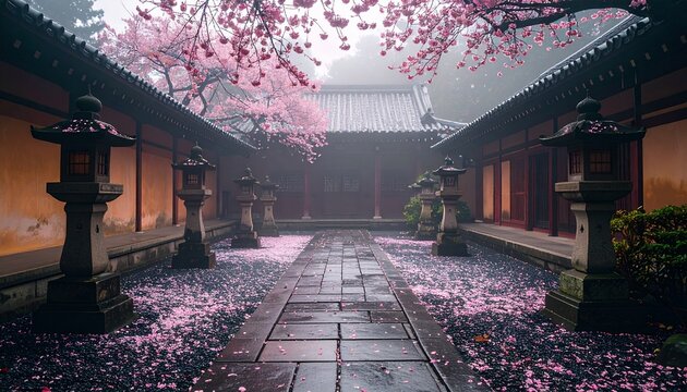 石灯籠が並ぶ寺院の中庭に舞い散る桜の花びら