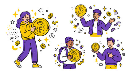 Naklejka premium Diverse People Holding Bitcoin Crypto Coins, Digital Currency Illustration