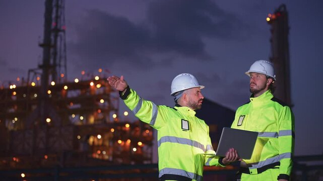 Petrochemical engineers reviewing data on a laptop at a refinery, discussing operations, industrial safety and energy infrastructure.