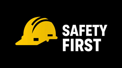 Fototapeta premium Hardhat icon appears next to the bold white text stating safety first message.