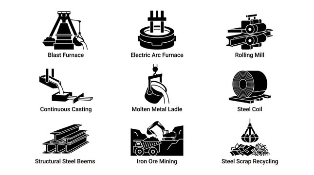 Steel Industrial Manufacturing Factory Icons.