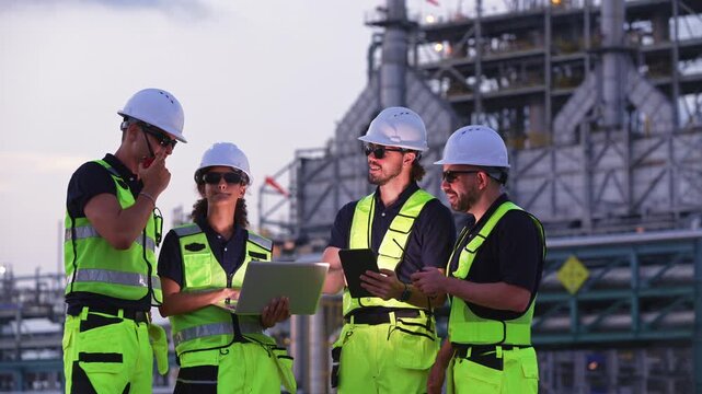 Petrochemical engineers reviewing data on a laptop at a refinery, discussing operations, industrial safety and energy infrastructure.