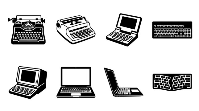 Vector icons of vintage typewriters, retro computers, modern laptops, and keyboards in black and white minimalist style