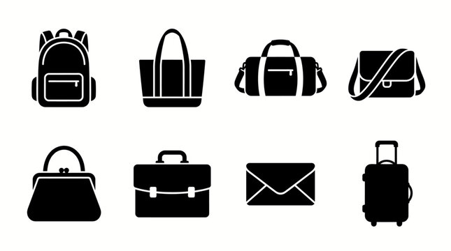 Collection of Simple Black Silhouette Vector Icons Representing Various Types of Travel Bags and Personal Accessories for Daily Use