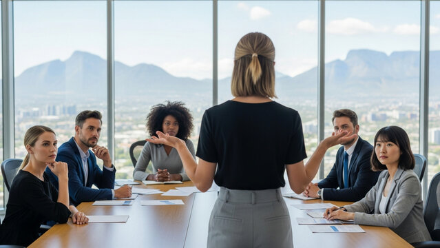 Professional businesswoman leading a diverse team meeting in a modern corporate boardroom with scenic mountain views