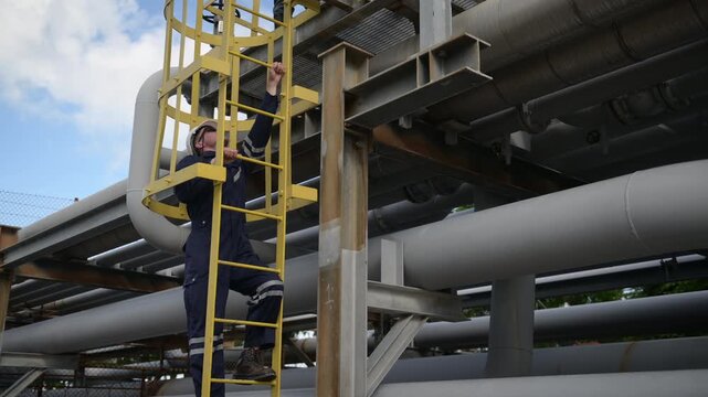 Petrochemical engineer inspecting a refinery while climbing a spiral staircase, supporting industrial safety, oil and gas operations, maintenance and energy infrastructure.