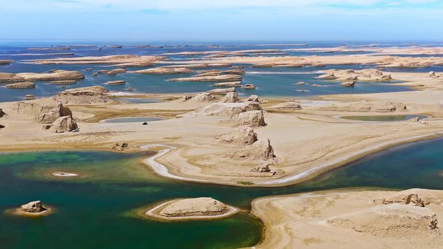 Panoramic aerial view of the water yardang geological park landscape in Qinghai, China
