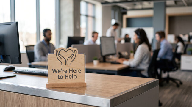 Customer Support Sign Standing On Desk While Call Center Team Works In Modern Bright Office Providing Professional Service