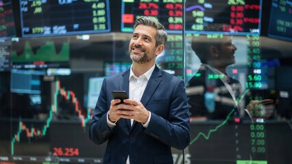 Fototapeta premium Happy businessman looking at stock market data on a mobile phone screen