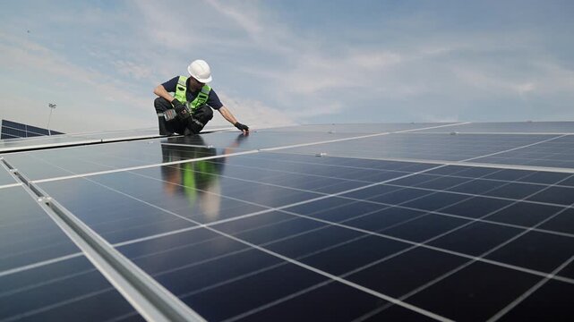 Technician installing rooftop solar panels for green energy, supporting renewable energy, clean power, sustainable technology and solar infrastructure.