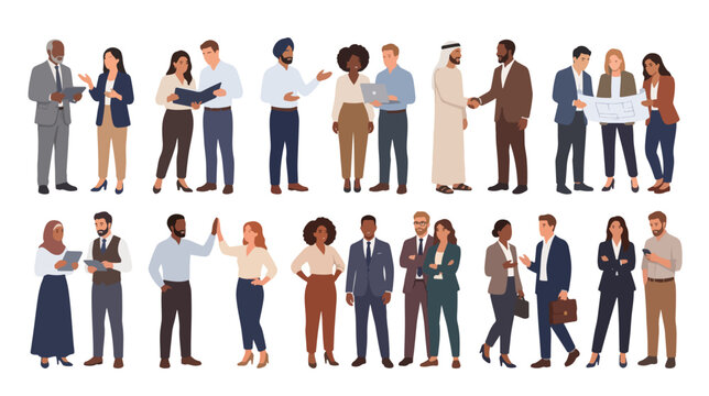 Diverse business people collection, professional office characters in flat vector style, multicultural corporate team set for workplace presentations
