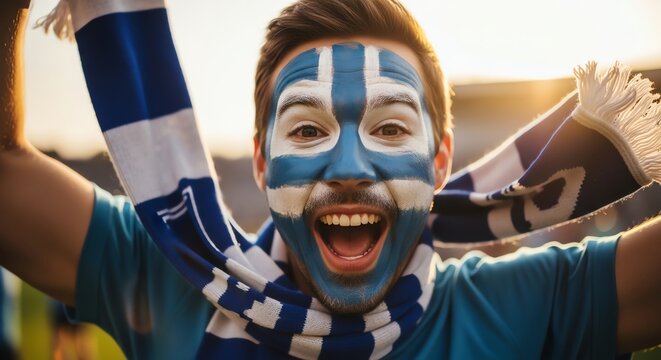 Enthusiastic Fanatic Face Painted Man Cheers Loudly at Game