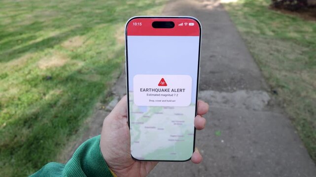 Person using earthquake app on mobile phone for real-time emergency alert - High magnitude warning