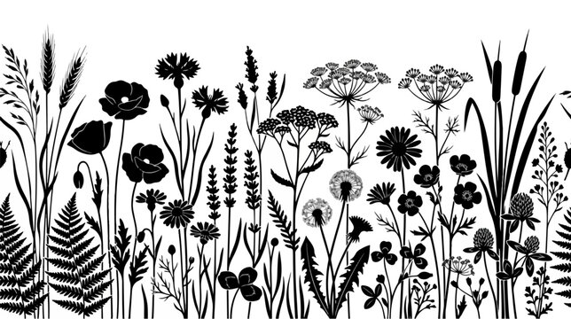 Wildflower meadow silhouette vector, black floral border with poppies and grass, botanical summer garden field illustration on white background