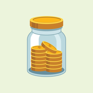 Premium minimalist flat icon featuring golden Indonesian Rupiah coins inside a glass savings jar. Perfect for investment planning, budget tracking, and corporate financial design assets.