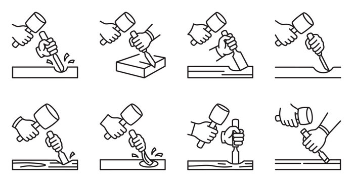 Close up of hands using hammer and chisel to carve materials.