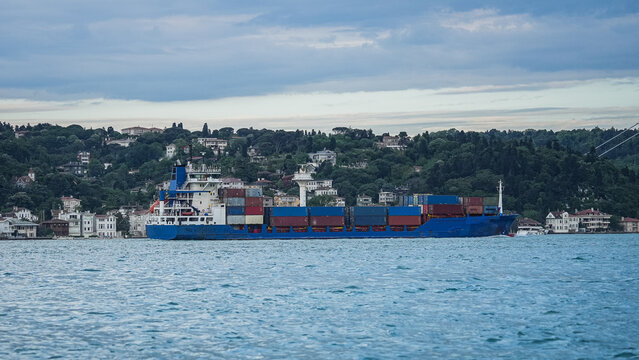 Large commercial cargo ships transit the Bosphorus Strait on their way to the Strait of Hormuz. Cargo ships bound for the Strait of Hormuz.