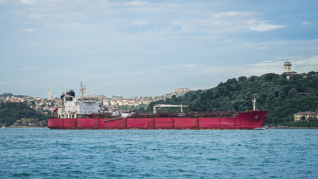 Large commercial cargo ships transit the Bosphorus Strait on their way to the Strait of Hormuz. Cargo ships bound for the Strait of Hormuz.