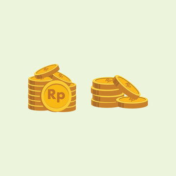 Premium minimalist flat icon showing stacks of golden Indonesian Rupiah coins with the Rp symbol. Perfect for banking applications, wealth investment branding, and finance cartoon design assets.