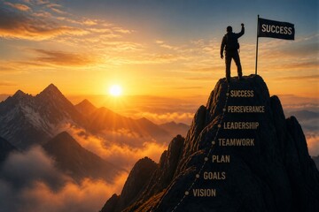 Obraz premium A person stands on a mountain peak holding a flag labeled success. The sun sets behind the mountains, creating a vibrant sky. Clouds fill the valley below.