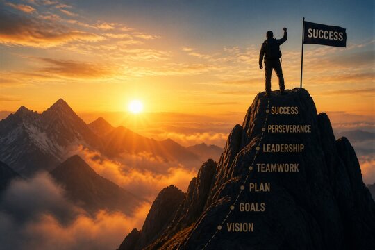 A person stands on a mountain peak holding a flag labeled success. The sun sets behind the mountains, creating a vibrant sky. Clouds fill the valley below.